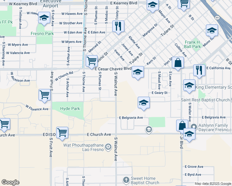 map of restaurants, bars, coffee shops, grocery stores, and more near 2250 South Walnut Avenue in Fresno