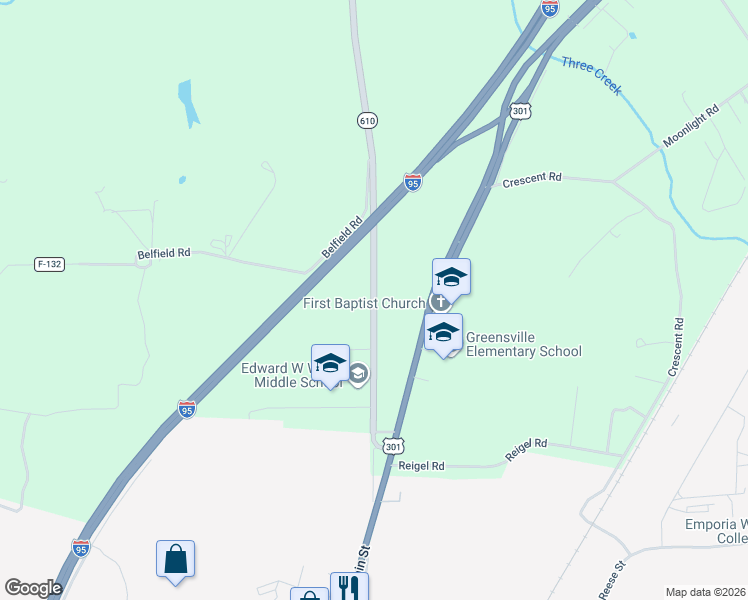 map of restaurants, bars, coffee shops, grocery stores, and more near 339 Slagles Lake Road in Emporia