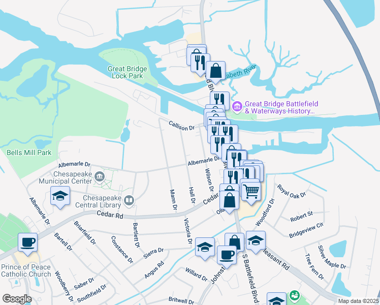 map of restaurants, bars, coffee shops, grocery stores, and more near 129 Hall Drive in Chesapeake