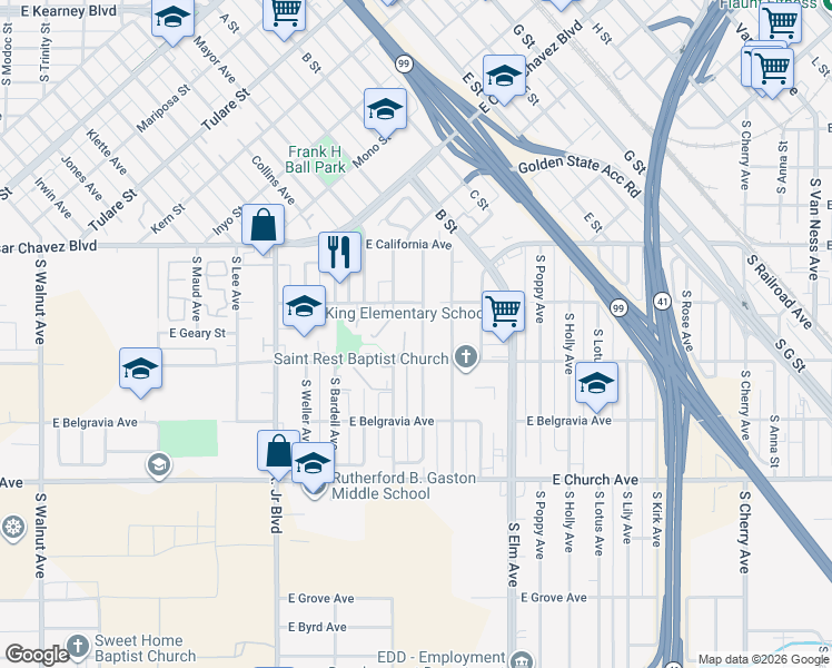 map of restaurants, bars, coffee shops, grocery stores, and more near 2252 South Eunice Avenue in Fresno