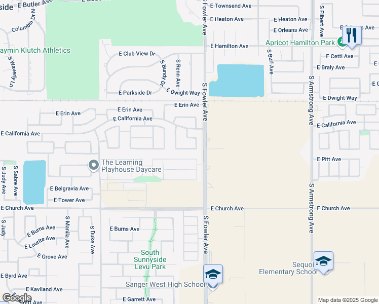 map of restaurants, bars, coffee shops, grocery stores, and more near 5962 East Florence Avenue in Fresno