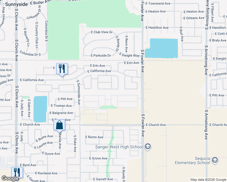 map of restaurants, bars, coffee shops, grocery stores, and more near 5872 East Florence Avenue in Fresno