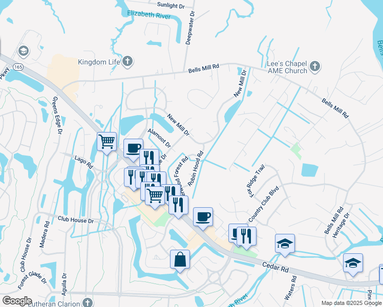 map of restaurants, bars, coffee shops, grocery stores, and more near 302 Sherwood Forest Road in Chesapeake