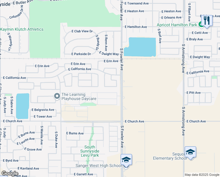 map of restaurants, bars, coffee shops, grocery stores, and more near 5962 East Florence Avenue in Fresno