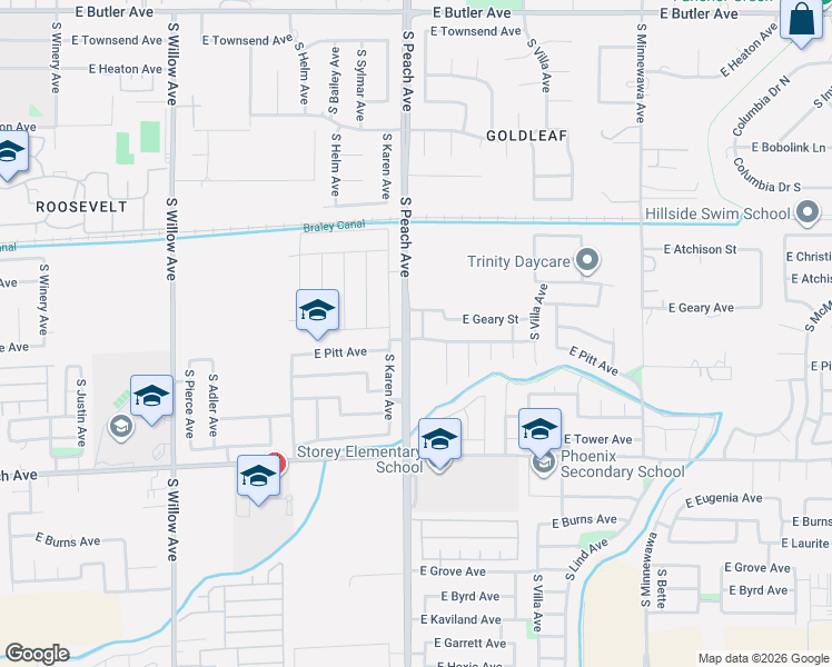 map of restaurants, bars, coffee shops, grocery stores, and more near 2292 Adrian Avenue in Fresno