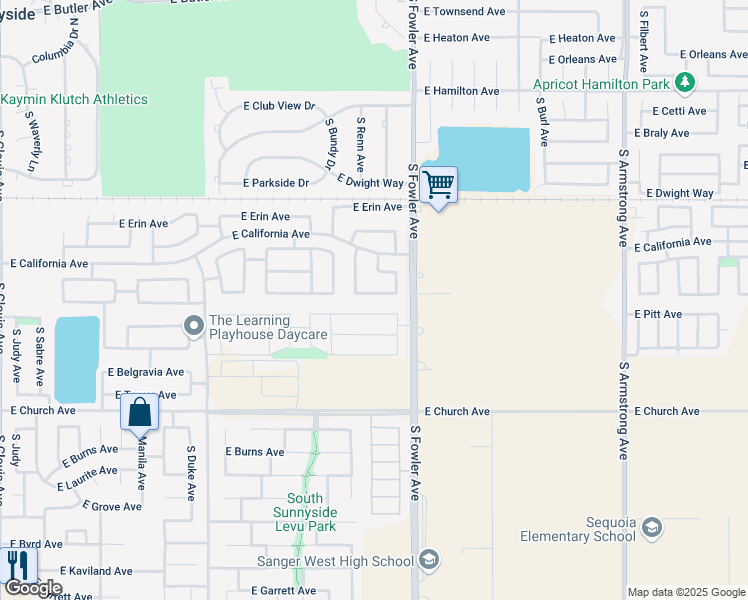 map of restaurants, bars, coffee shops, grocery stores, and more near 5962 East Florence Avenue in Fresno