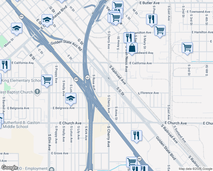 map of restaurants, bars, coffee shops, grocery stores, and more near 2251 South Nicholas Avenue in Fresno