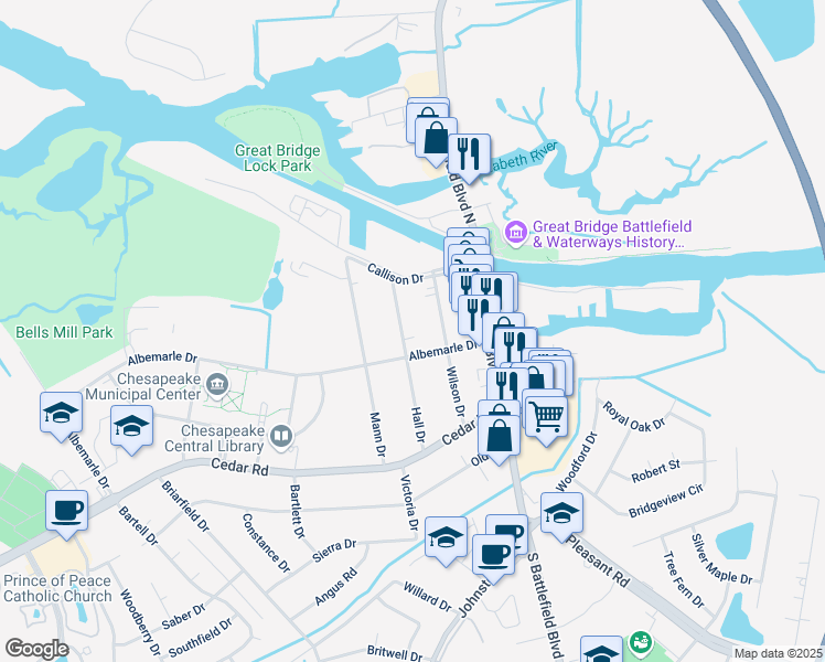 map of restaurants, bars, coffee shops, grocery stores, and more near 129 Hall Drive in Chesapeake