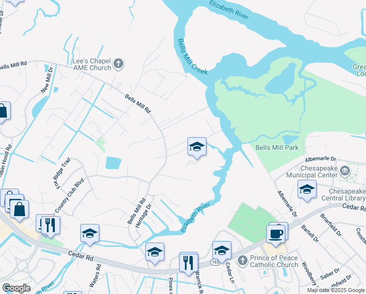 map of restaurants, bars, coffee shops, grocery stores, and more near 722 Luther Street in Chesapeake