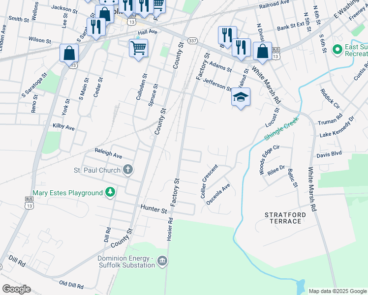map of restaurants, bars, coffee shops, grocery stores, and more near 506 Mahlon Avenue in Suffolk