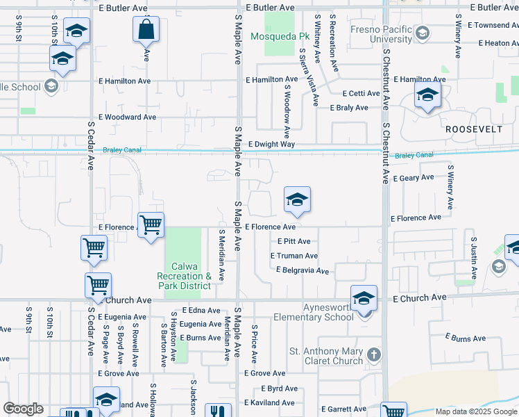 map of restaurants, bars, coffee shops, grocery stores, and more near 2255 South Maple Avenue in Fresno