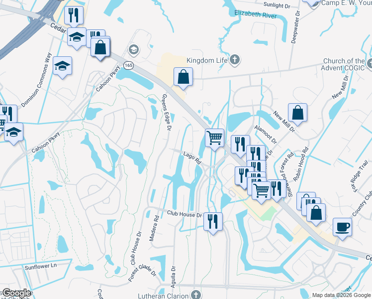 map of restaurants, bars, coffee shops, grocery stores, and more near 1212 Lago Road in Chesapeake