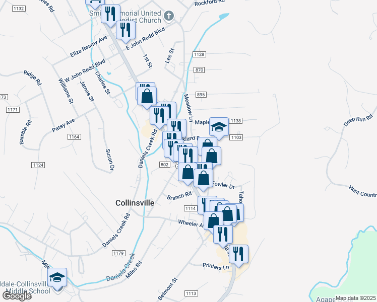 map of restaurants, bars, coffee shops, grocery stores, and more near School Drive in Collinsville