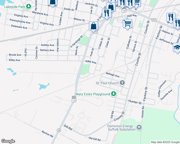 map of restaurants, bars, coffee shops, grocery stores, and more near 516 York Street in Suffolk