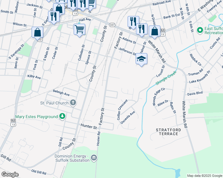 map of restaurants, bars, coffee shops, grocery stores, and more near 506 Mahlon Ave in Suffolk