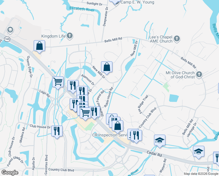 map of restaurants, bars, coffee shops, grocery stores, and more near 209 Robinhood Road in Chesapeake