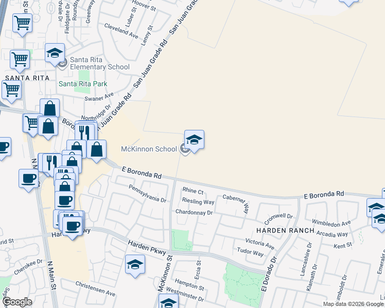 map of restaurants, bars, coffee shops, grocery stores, and more near 2100 McKinnon Street in Salinas