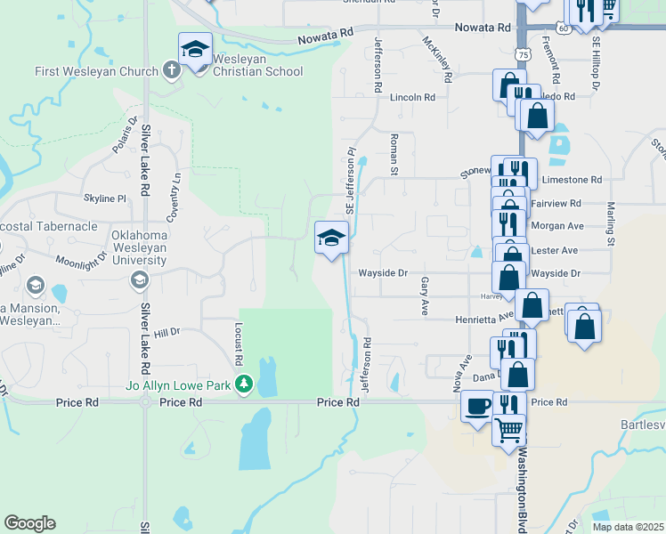map of restaurants, bars, coffee shops, grocery stores, and more near 3000 Wayside Drive in Bartlesville