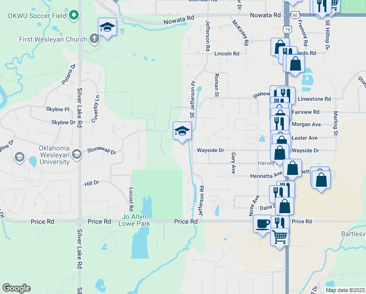 map of restaurants, bars, coffee shops, grocery stores, and more near 3000 Wayside Drive in Bartlesville