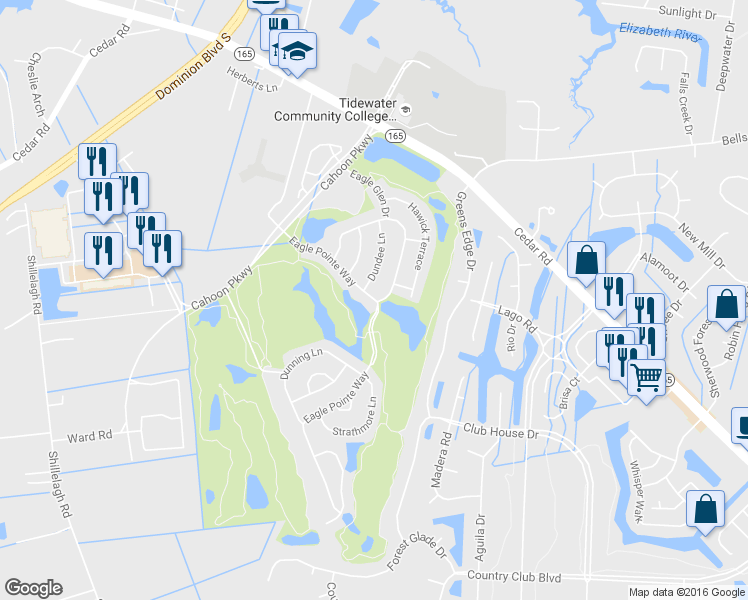 map of restaurants, bars, coffee shops, grocery stores, and more near 1151 Eagle Pointe Way in Chesapeake