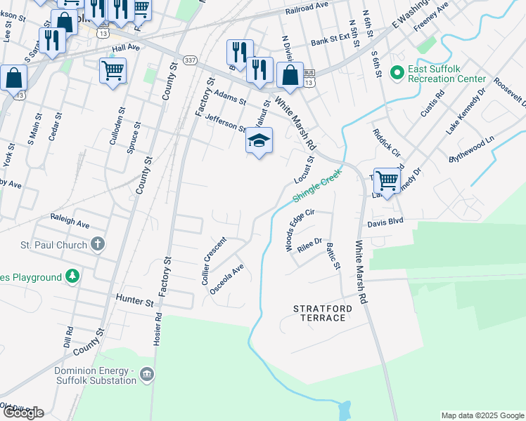 map of restaurants, bars, coffee shops, grocery stores, and more near 225 Locust Street in Suffolk