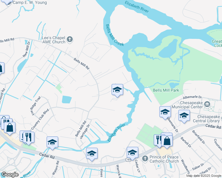 map of restaurants, bars, coffee shops, grocery stores, and more near 728 Luther Street in Chesapeake