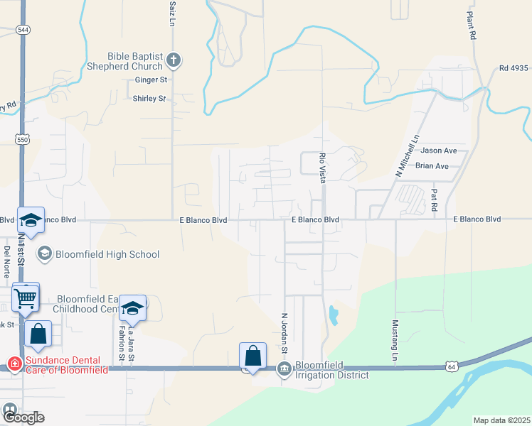 map of restaurants, bars, coffee shops, grocery stores, and more near 1128 East Blanco Boulevard in Bloomfield