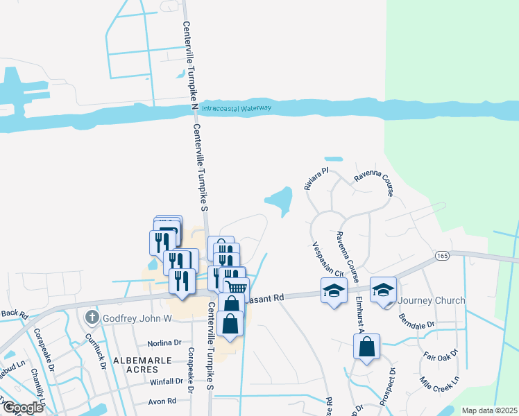 map of restaurants, bars, coffee shops, grocery stores, and more near 1603 Waterway Circle in Chesapeake