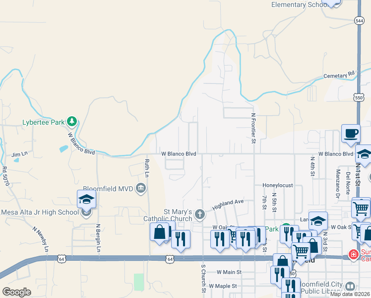 map of restaurants, bars, coffee shops, grocery stores, and more near 801 Saguaro Street in Bloomfield