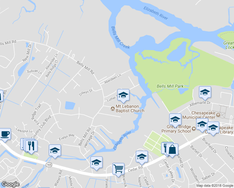 map of restaurants, bars, coffee shops, grocery stores, and more near 728 Luther Street in Chesapeake