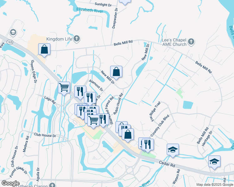 map of restaurants, bars, coffee shops, grocery stores, and more near 302 Sherwood Forest Road in Chesapeake