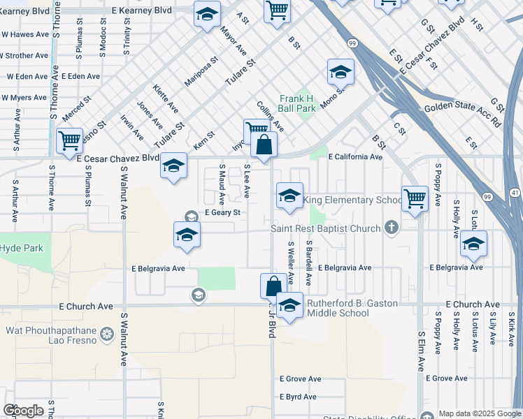 map of restaurants, bars, coffee shops, grocery stores, and more near 2235 South Martin Luther King Junior Boulevard in Fresno
