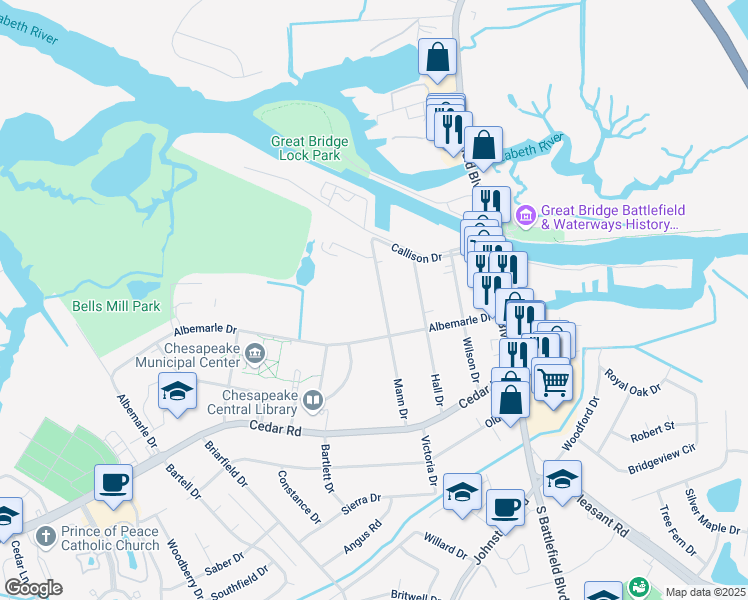 map of restaurants, bars, coffee shops, grocery stores, and more near 140 Mann Drive in Chesapeake