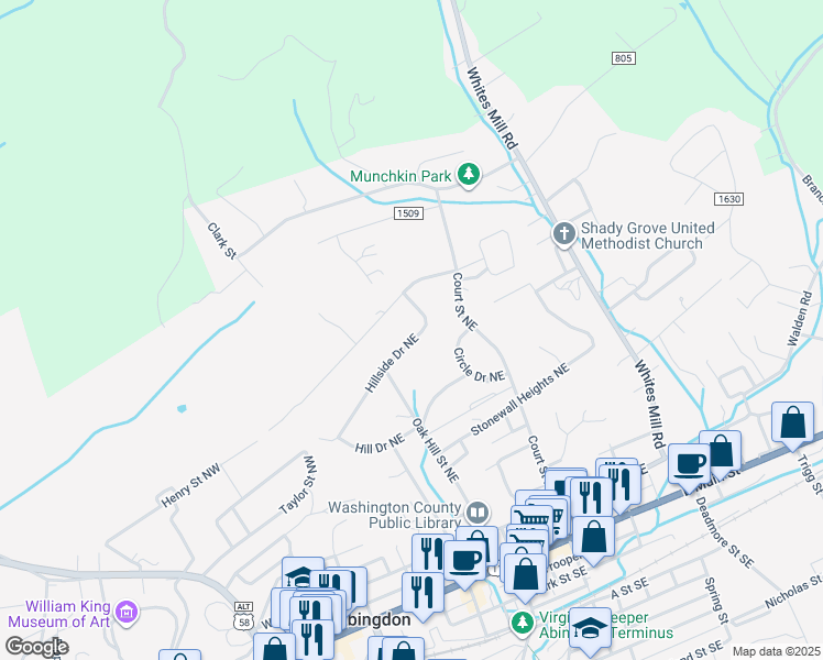 map of restaurants, bars, coffee shops, grocery stores, and more near 165 Hillside Drive Northeast in Abingdon