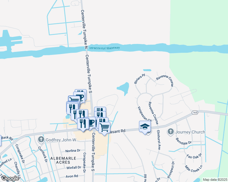 map of restaurants, bars, coffee shops, grocery stores, and more near 1603 Waterway Circle in Chesapeake