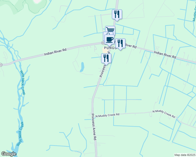 map of restaurants, bars, coffee shops, grocery stores, and more near 1749 Princess Anne Road in Virginia Beach