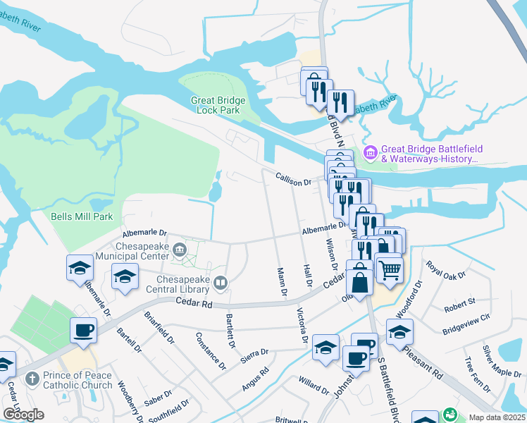 map of restaurants, bars, coffee shops, grocery stores, and more near 140 Mann Drive in Chesapeake