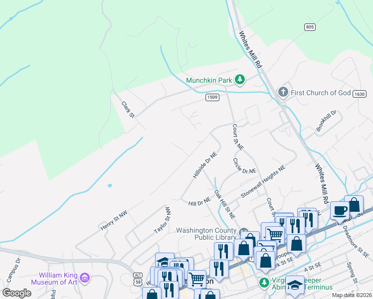 map of restaurants, bars, coffee shops, grocery stores, and more near 139-161 Crestview Drive Northeast in Abingdon