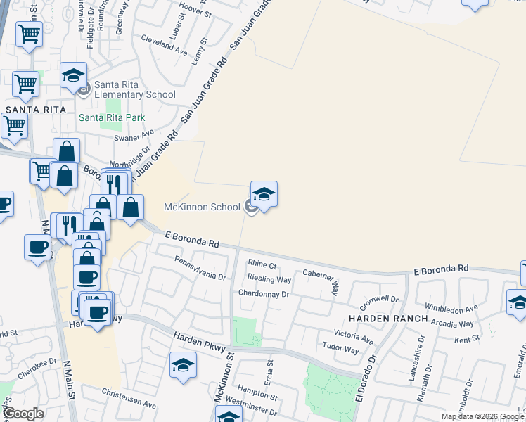 map of restaurants, bars, coffee shops, grocery stores, and more near 2100 McKinnon Street in Salinas
