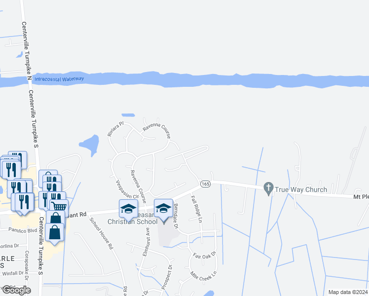 map of restaurants, bars, coffee shops, grocery stores, and more near 1612 Venetian Way in Chesapeake