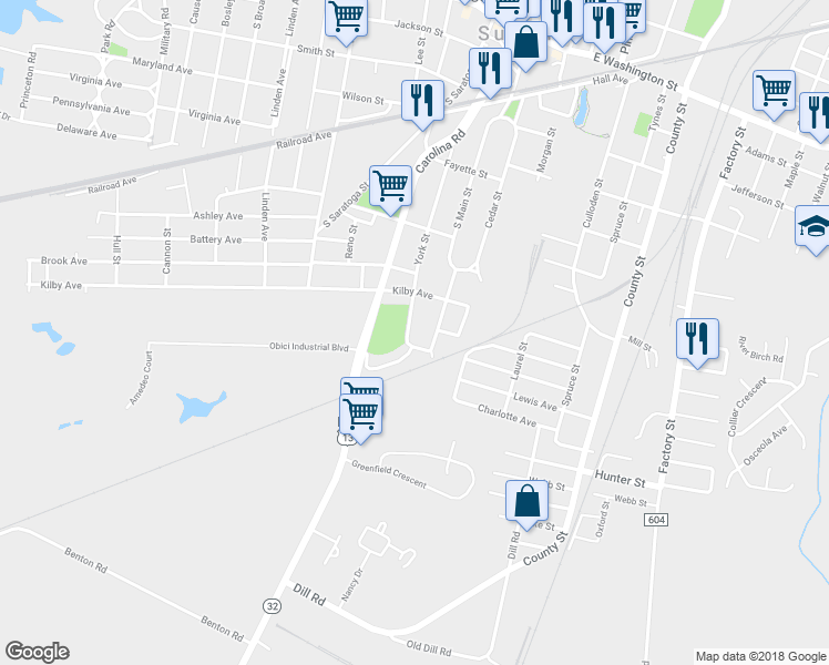 map of restaurants, bars, coffee shops, grocery stores, and more near 514 York Street in Suffolk