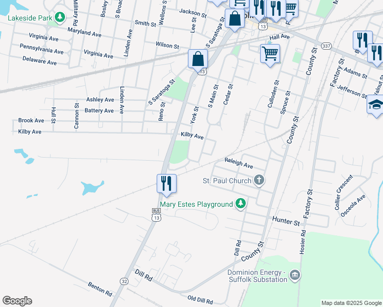 map of restaurants, bars, coffee shops, grocery stores, and more near 514 York Street in Suffolk