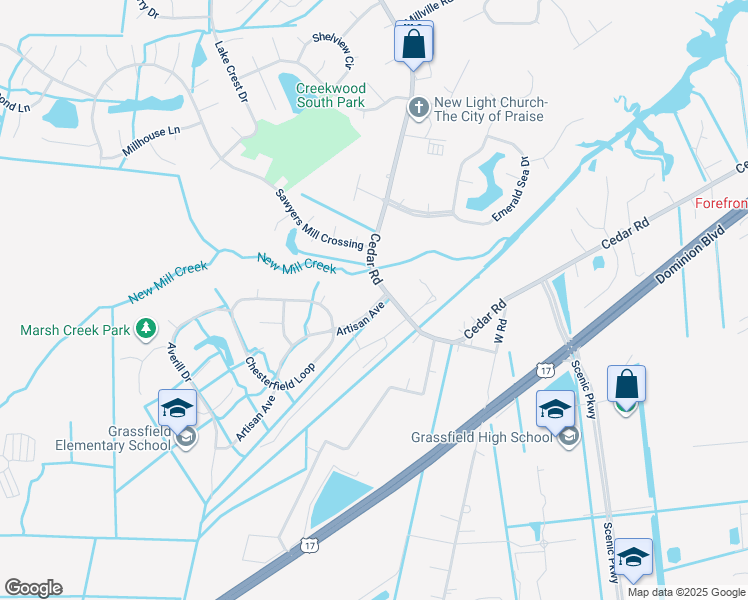map of restaurants, bars, coffee shops, grocery stores, and more near 900 Artisan Avenue in Chesapeake