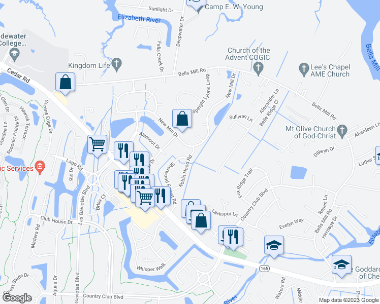 map of restaurants, bars, coffee shops, grocery stores, and more near 204 Robinhood Road in Chesapeake
