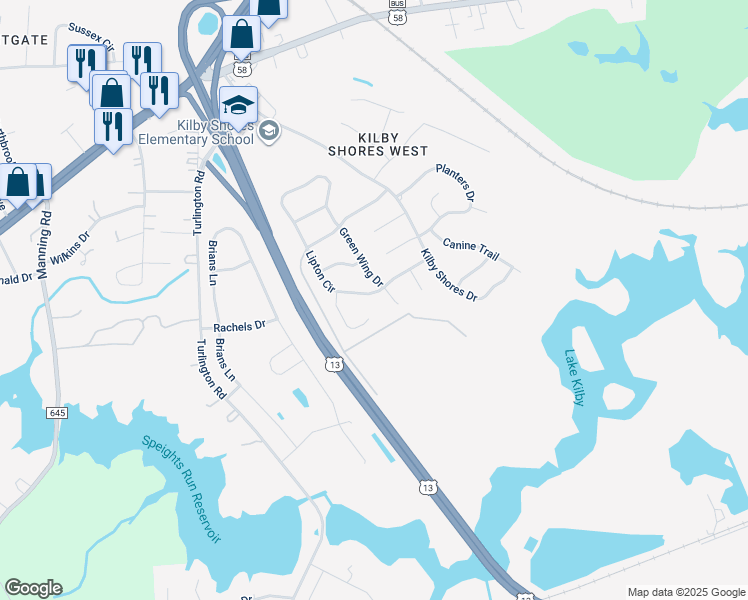 map of restaurants, bars, coffee shops, grocery stores, and more near 1472 Lipton Circle in Suffolk