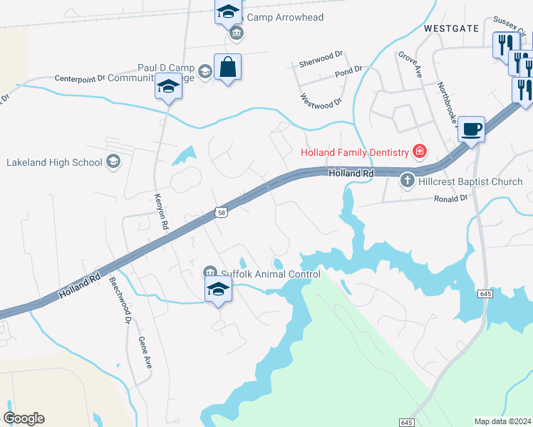 map of restaurants, bars, coffee shops, grocery stores, and more near 101 Cove Point Drive in Suffolk