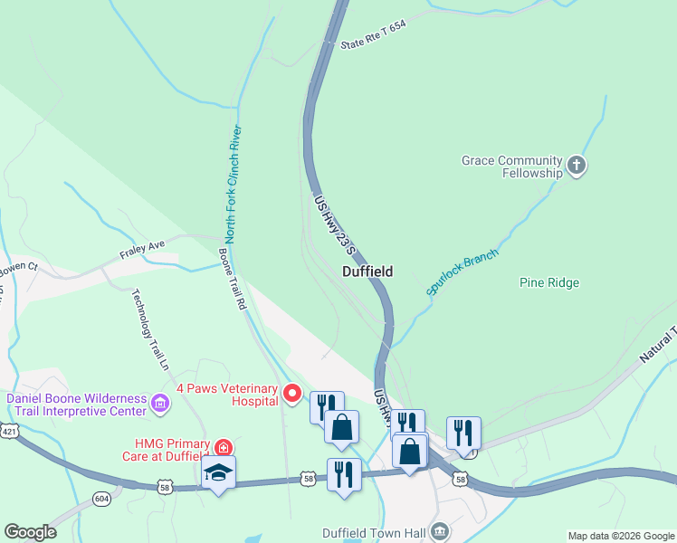 map of restaurants, bars, coffee shops, grocery stores, and more near State Route T 856 in Duffield
