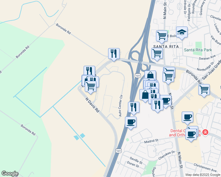 map of restaurants, bars, coffee shops, grocery stores, and more near 1950 North Davis Road in Salinas