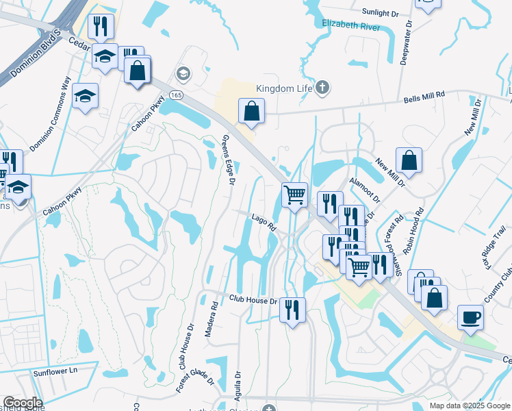 map of restaurants, bars, coffee shops, grocery stores, and more near 1205 Charca Court in Chesapeake