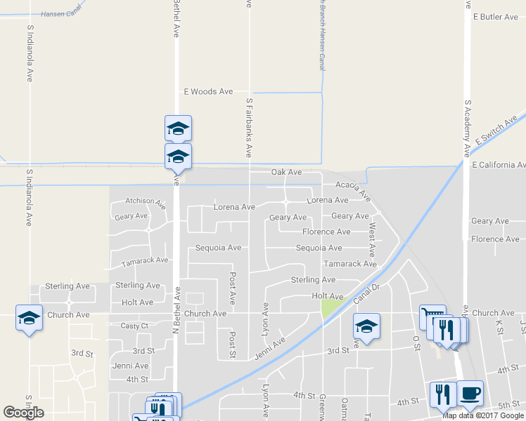 map of restaurants, bars, coffee shops, grocery stores, and more near 2267 Lorena Avenue in Sanger